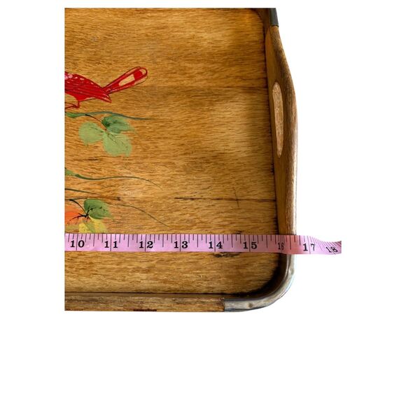 Vintage MCM Hand painted Japanese Cardinals Wood & Metal Tray - Picture 4 of 4